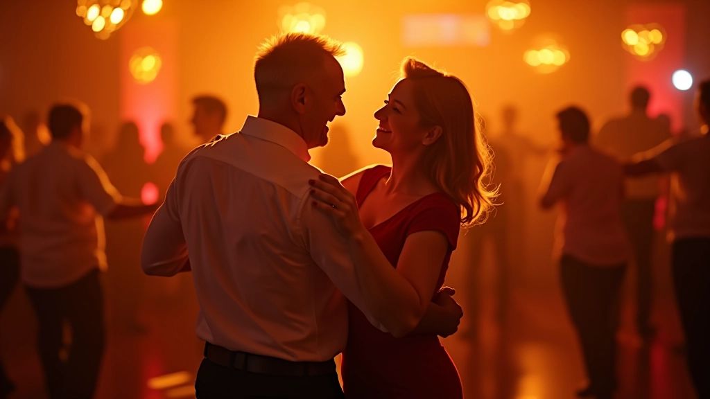 Adults dancing bachata in a vibrant social dance setting with warm ambient lighting and joyful expressions