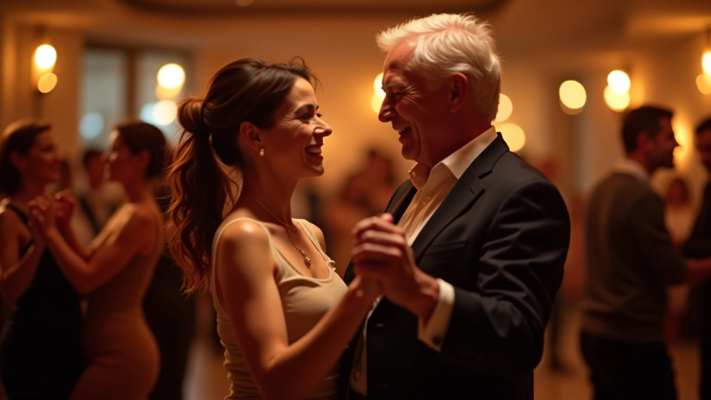 Community members dancing joyfully together at an evening salsa event