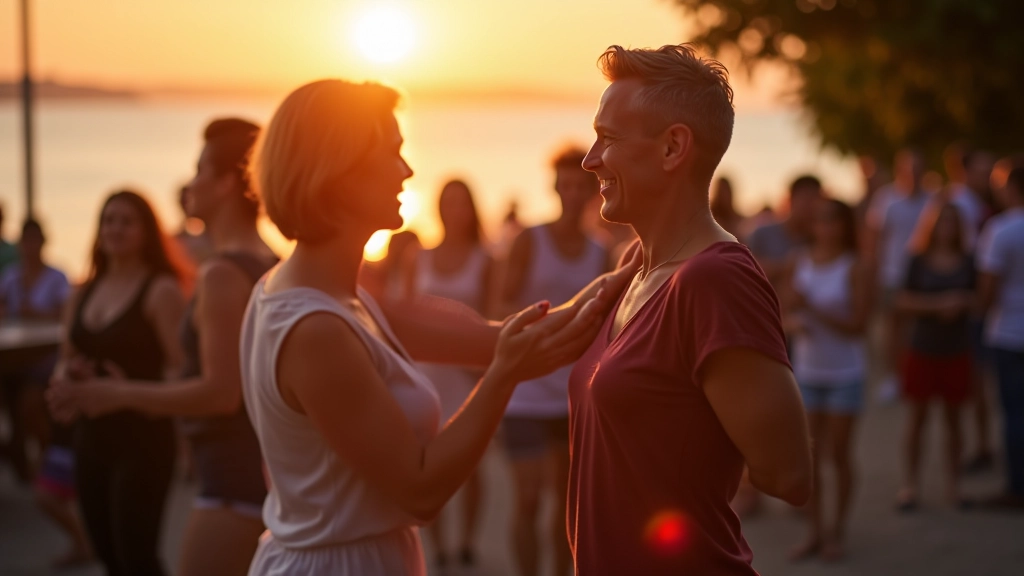 Adults enjoying weekend dance social event in Pärnu with seasonal coastal scenery