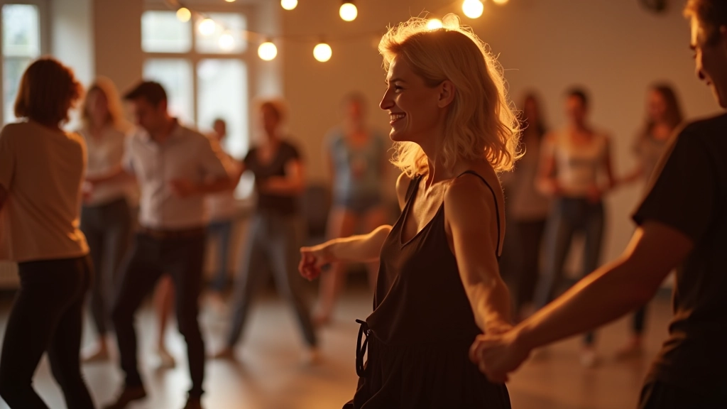 Group of adult beginners in a dance class environment learning bachata together with instructor guidance