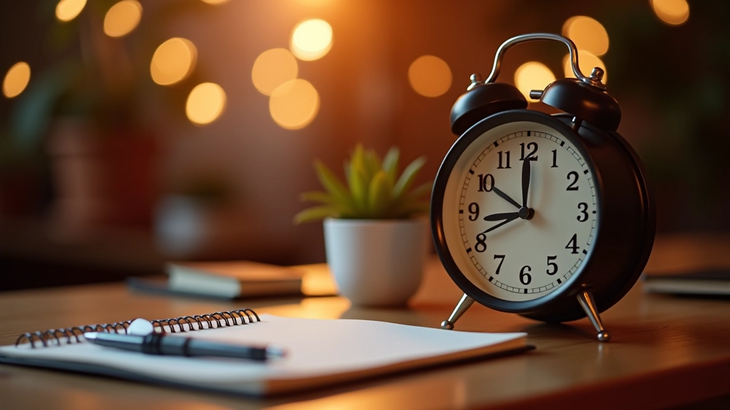 Calendar and clock showing evening time on wooden desk with notepad and pen
