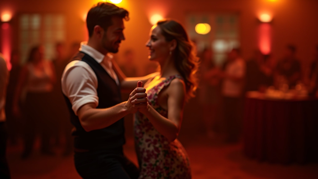 Couple dancing bachata together in a social dance setting with warm lighting