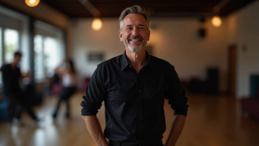 Smiling dance instructor aged 45, fully clothed in casual dance attire, portrait shot from chest up, bright studio lighting, confident expression