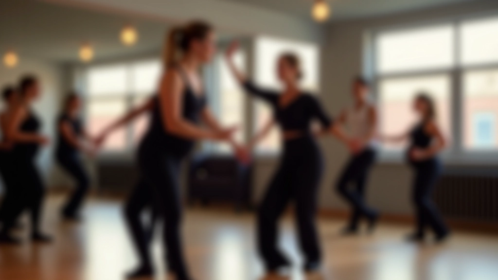 Instructor demonstrating salsa footwork to attentive adult students in a bright dance studio