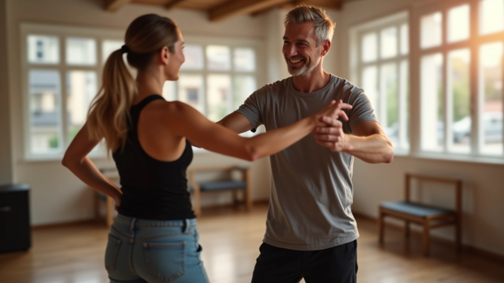 Experienced dance instructor showing proper posture and arm positioning to a student in one-on-one training