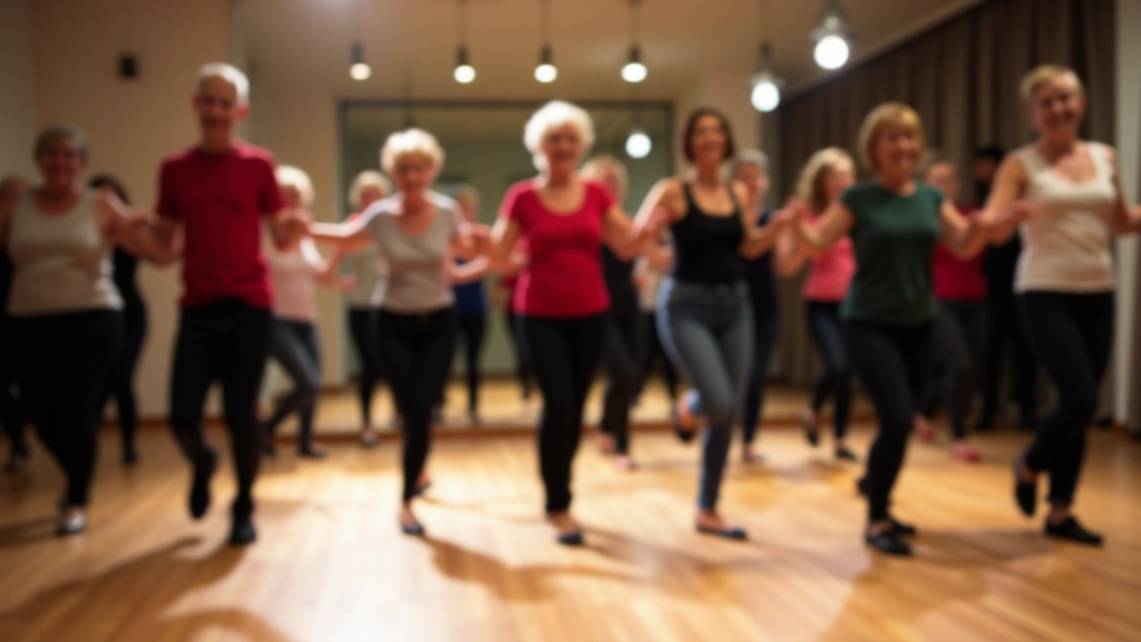 Group of beginner adult dancers practicing basic footwork patterns in a dance studio with wooden floors and mirrors