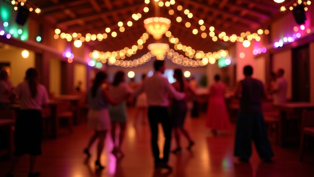 Colorful seasonal festival decoration at Pärnu dance venue with Latin music poster