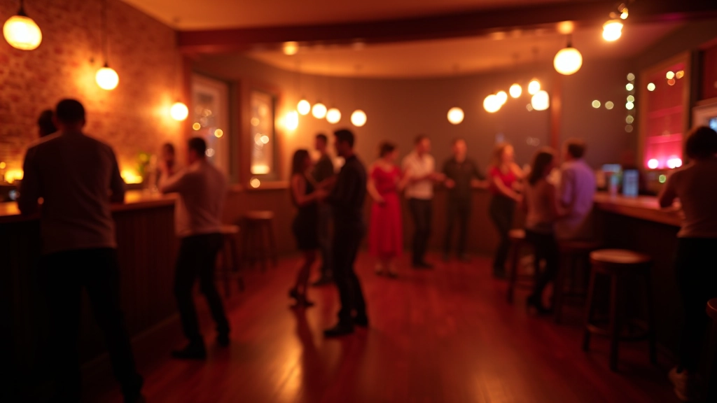 Interior of dance venue with dim atmospheric lighting, wooden bar counter, and open dance floor area with people