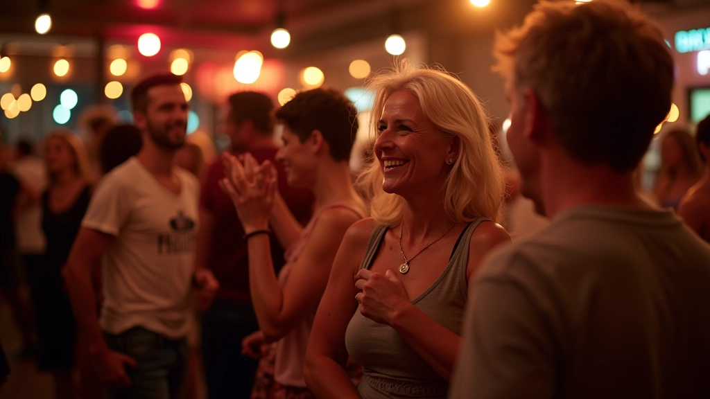 Mixed group of mature adults socializing and laughing at Pärnu dance venue during break