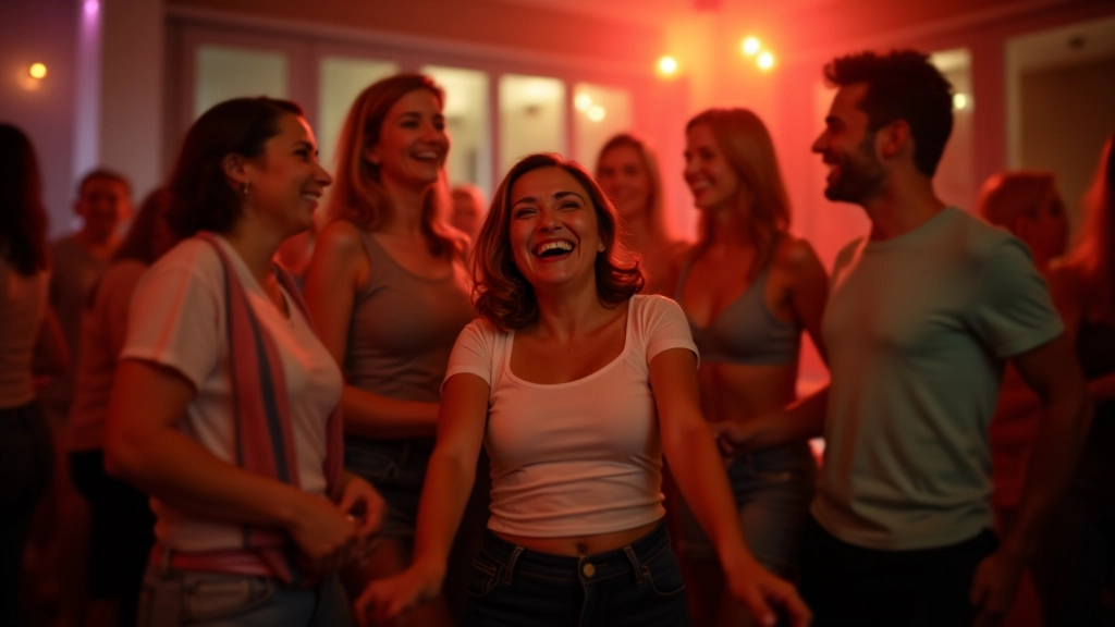 Group of mature adults at Pärnu weekend dance social, smiling and preparing to dance