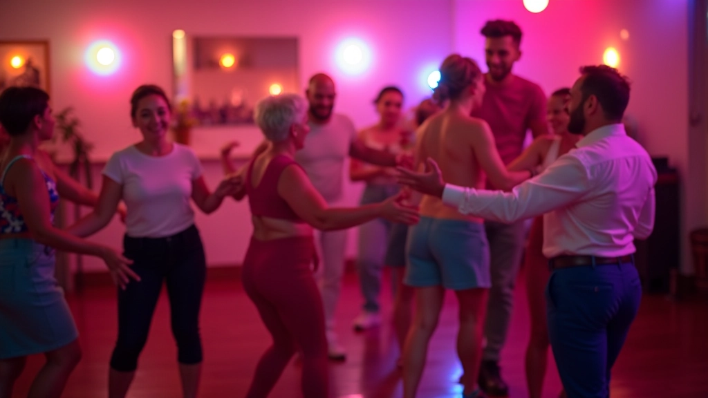 Group of adults dancing salsa together in a lively dance hall with energetic atmosphere