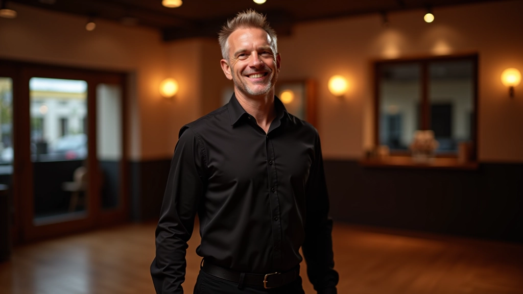 Dance instructor, man aged 52, professional headshot with friendly expression, modern dance studio background