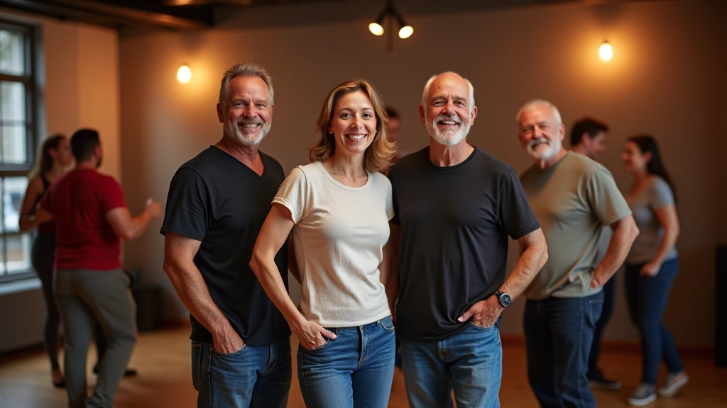 Community members smiling together in a modern dance studio space