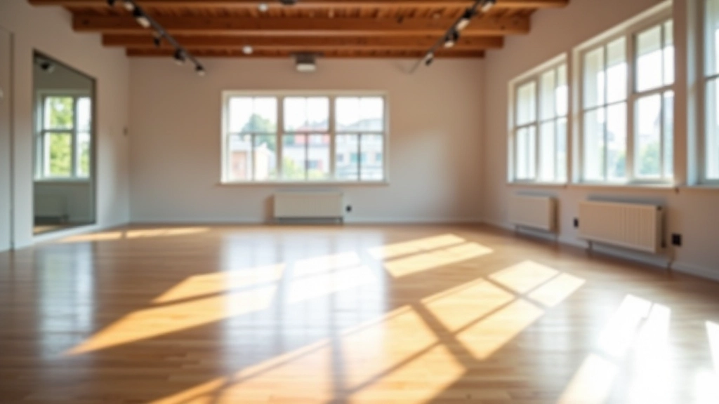 Dance studio interior showing spacious layout with mirrors, wooden floor, and comfortable spacing for beginner classes