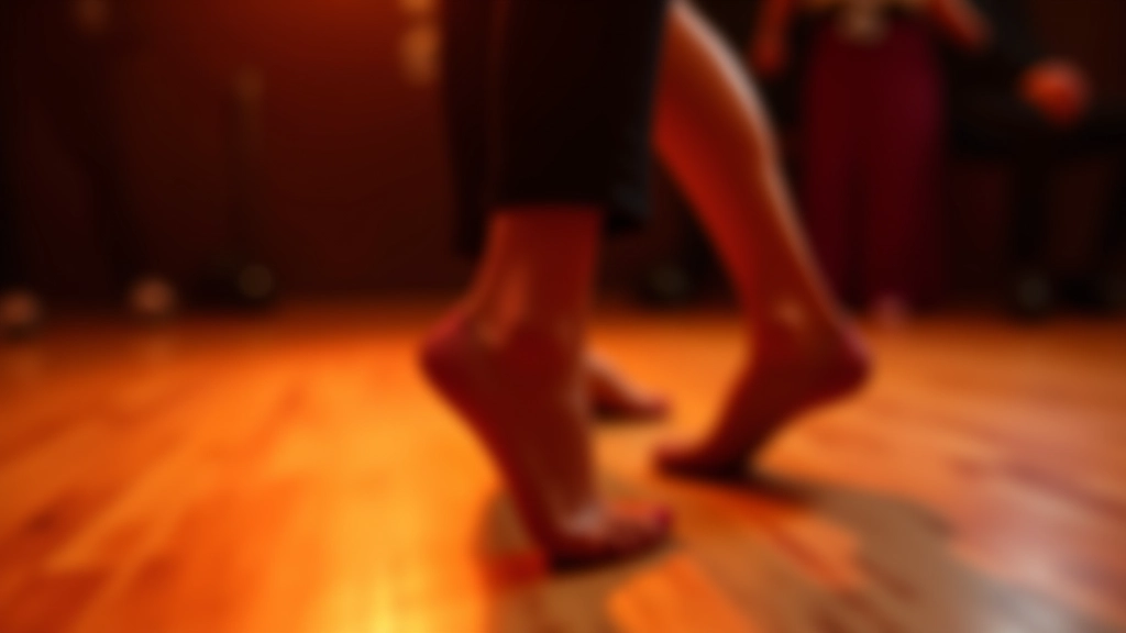 Close-up of salsa dancing feet and lower body showing proper footwork technique on wooden floor