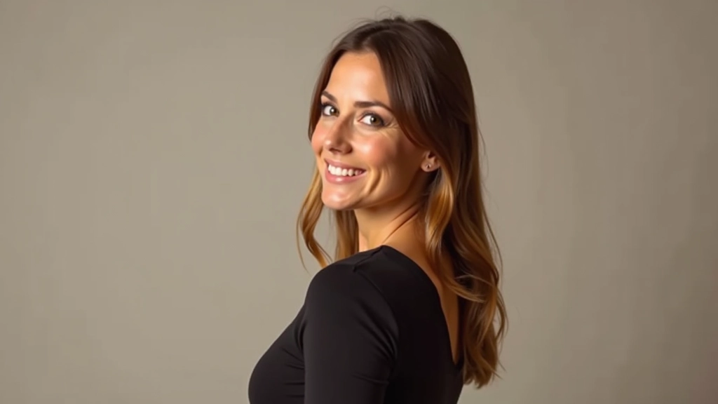 Experienced dance instructor, woman aged 48, professional headshot with warm smile, studio lighting