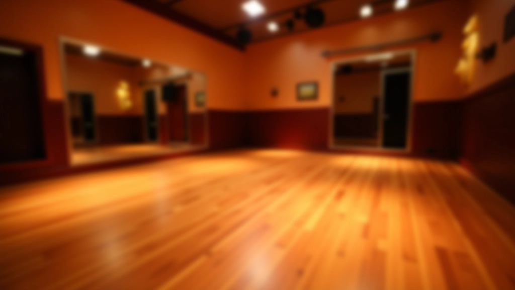 Wooden dance floor in a warm-lit dance studio with mirrors and professional lighting setup